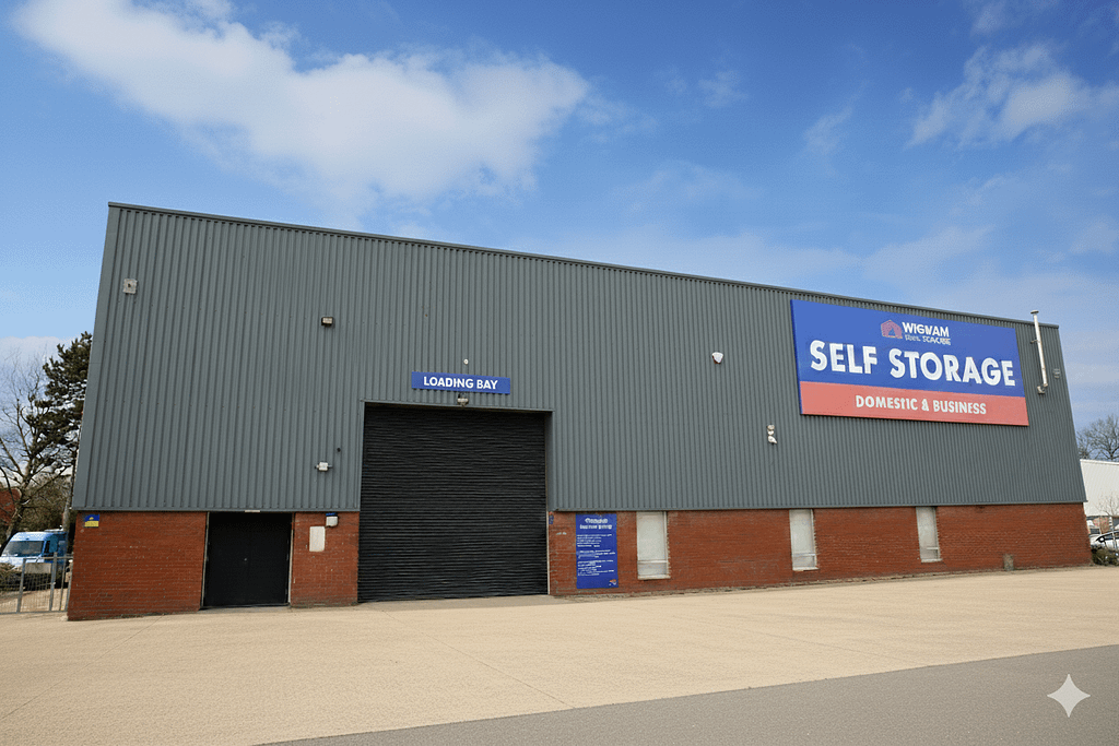Exterior view of a Wigwam Self Storage facility with large signs for domestic and business storage, showcasing a modern steel building designed for secure self-storage.