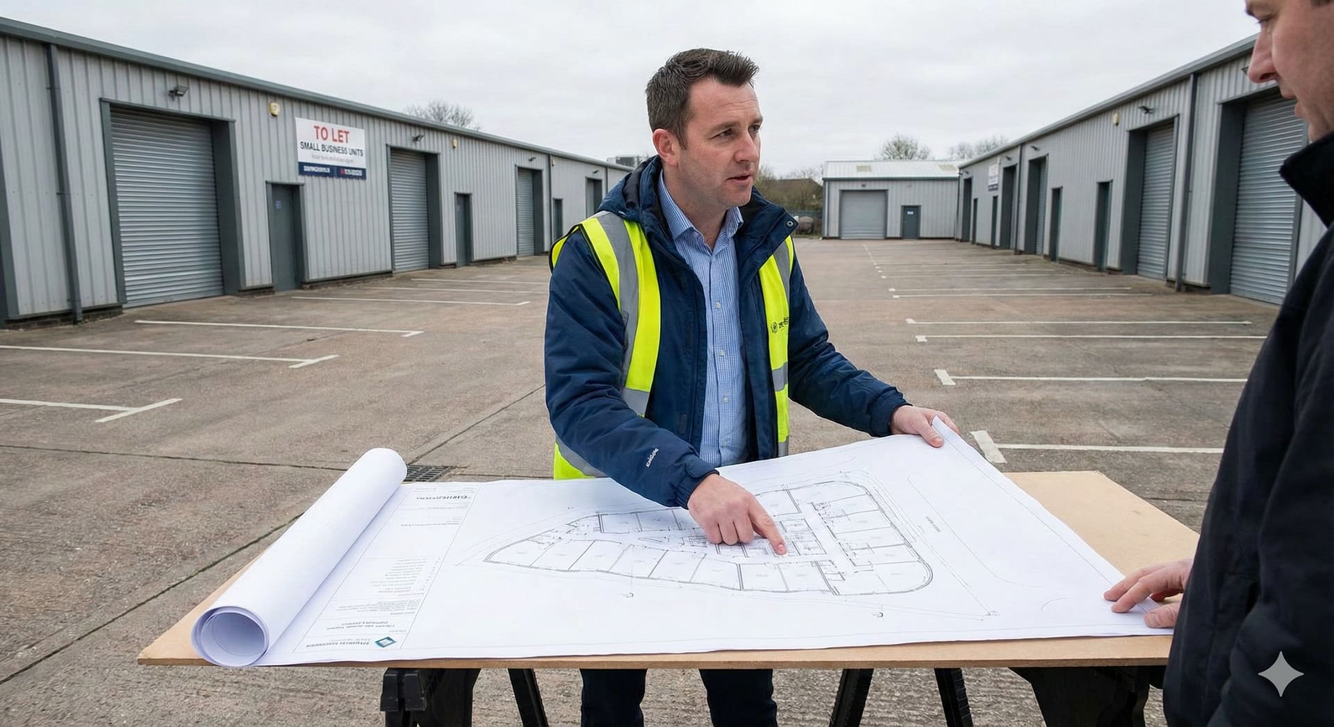 A commercial property agent wearing a high-visibility jacket reviews site plans with a colleague while standing in an empty industrial yard lined with small business units. The agent points to an irregular-shaped plot layout on the drawings, illustrating how difficult land can be assessed and repurposed.